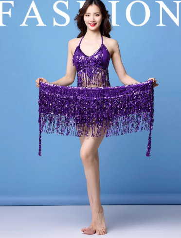 Belly Dance Top Bra Belt Latin Sequin Fringe Halter Hip Skirt Party Costume 4 Layer Tassel Two Piece Set
