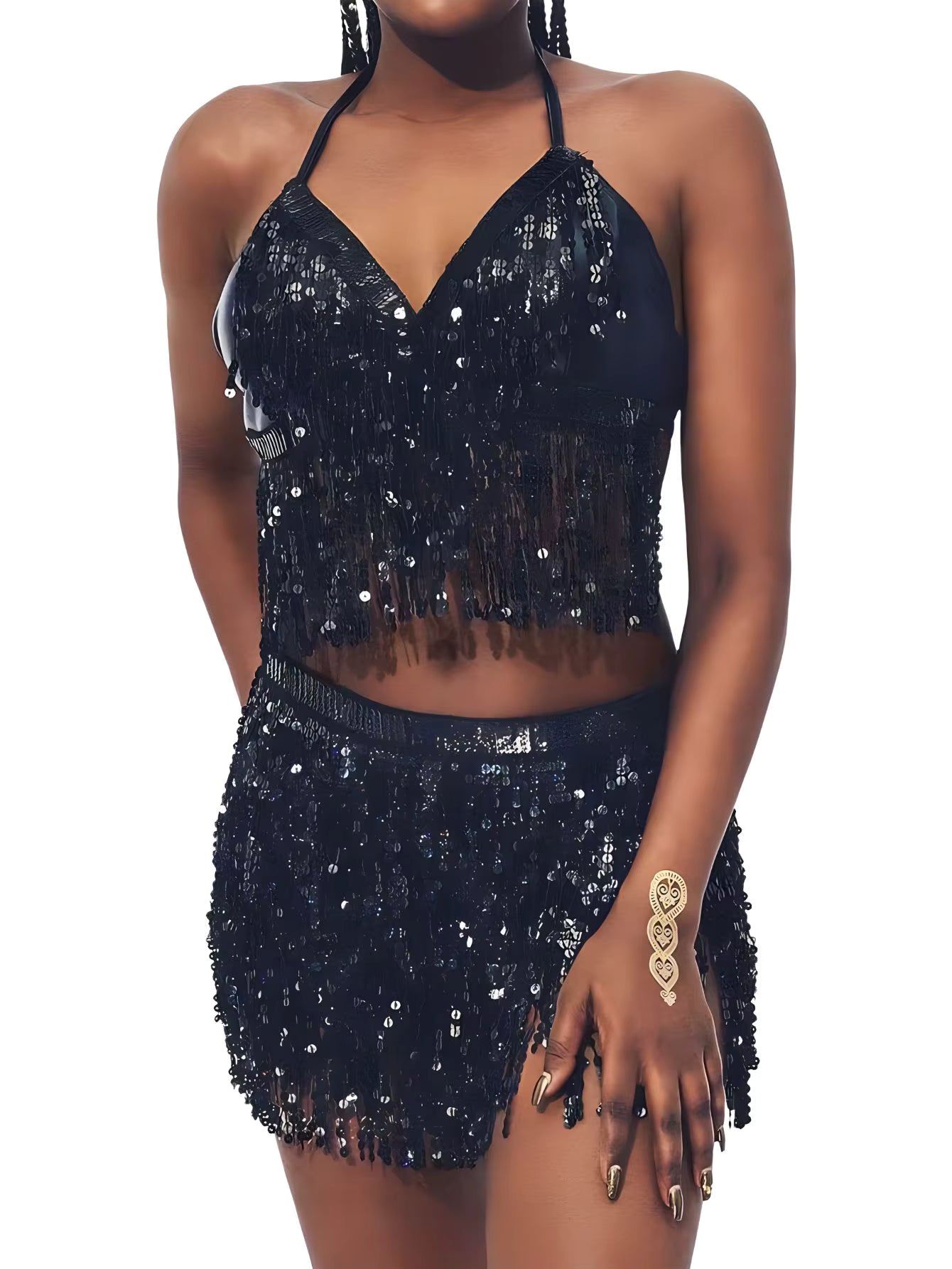 Belly Dance Top Bra Belt Latin Sequin Fringe Halter Hip Skirt Party Costume 4 Layer Tassel Two Piece Set