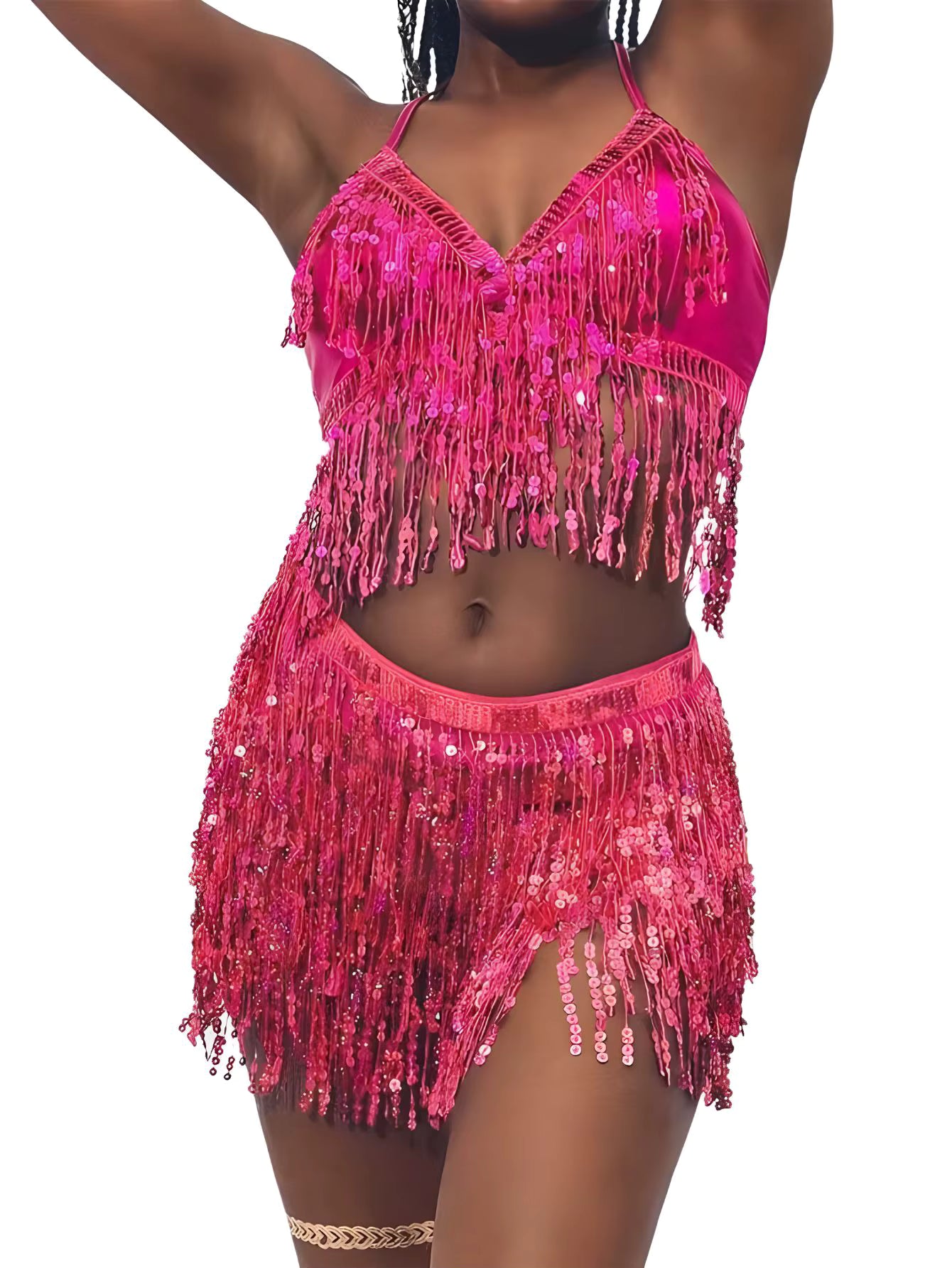Belly Dance Top Bra Belt Latin Sequin Fringe Halter Hip Skirt Party Costume 4 Layer Tassel Two Piece Set