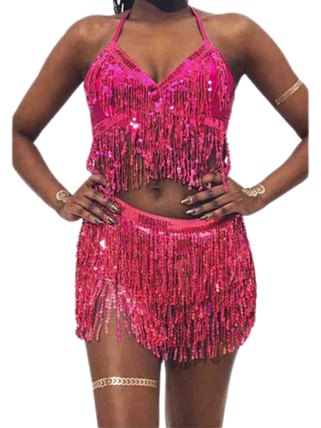 Belly Dance Top Bra Belt Latin Sequin Fringe Halter Hip Skirt Party Costume 4 Layer Tassel Two Piece Set