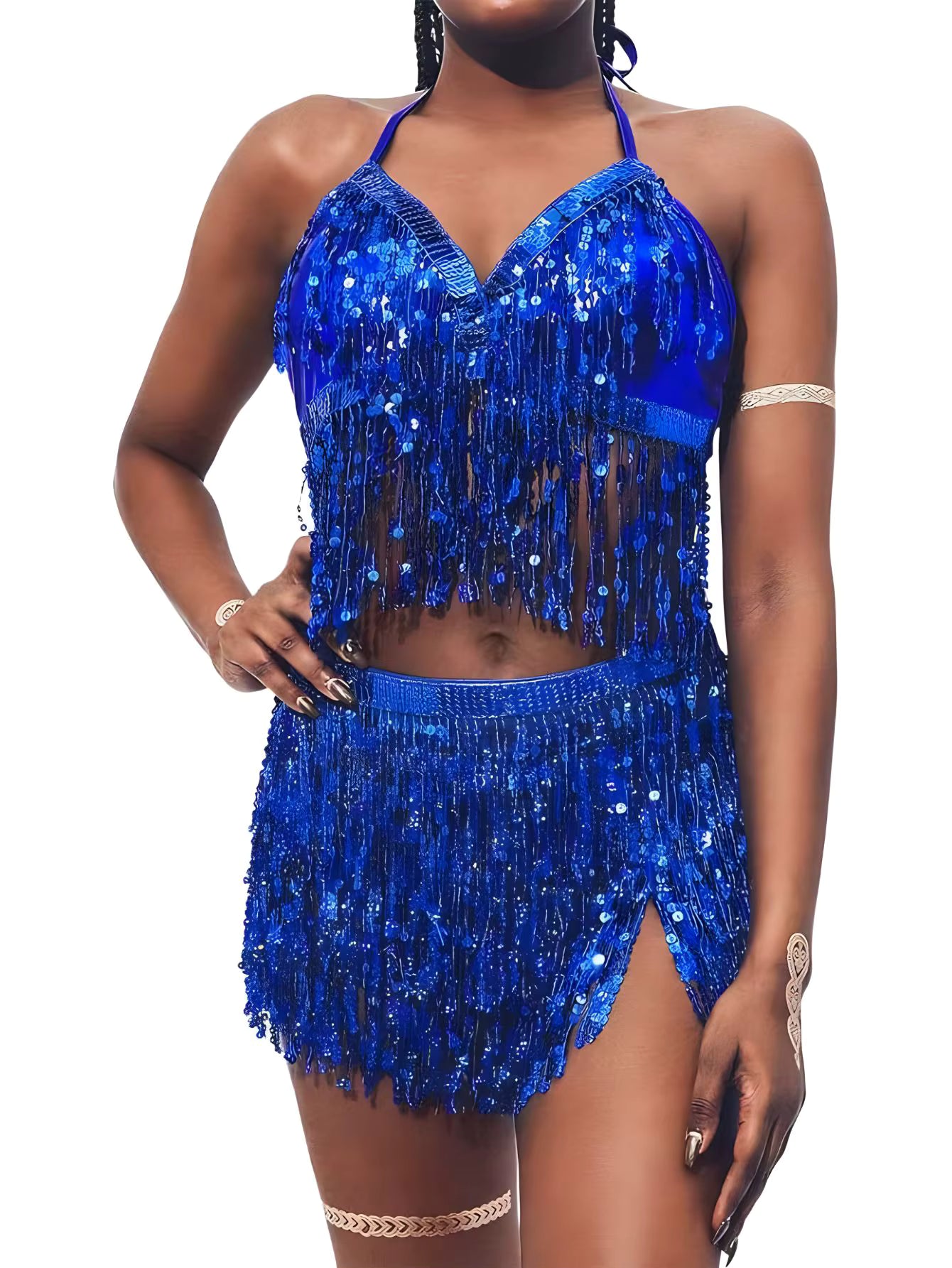 Belly Dance Top Bra Belt Latin Sequin Fringe Halter Hip Skirt Party Costume 4 Layer Tassel Two Piece Set