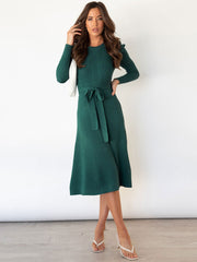 Casual Pleated Stretch Jewel Neck Knitted Midi Dress