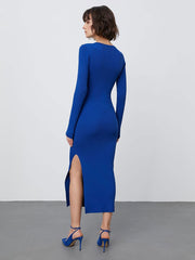 Casual Long Sleeves Low-slit Jewel Neck Knitted Midi Dress