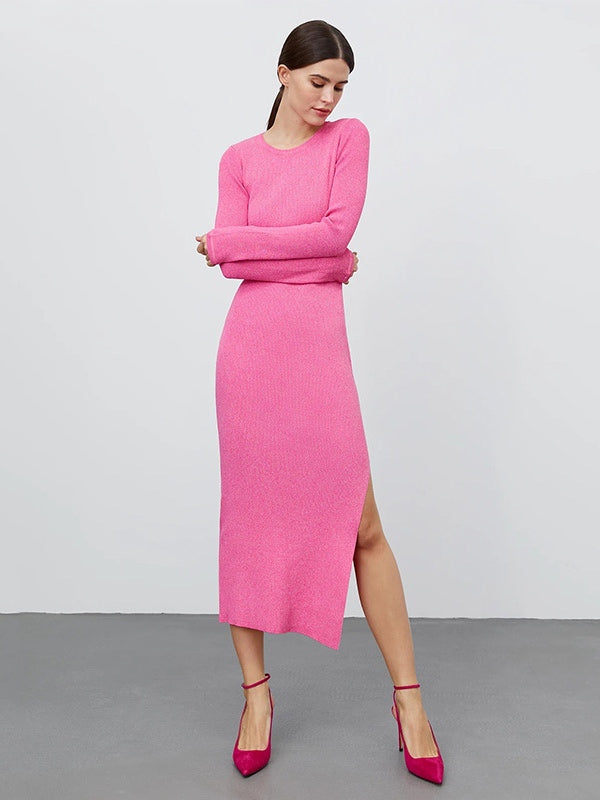 Casual Long Sleeves Low-slit Jewel Neck Knitted Midi Dress