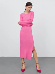 Casual Long Sleeves Low-slit Jewel Neck Knitted Midi Dress