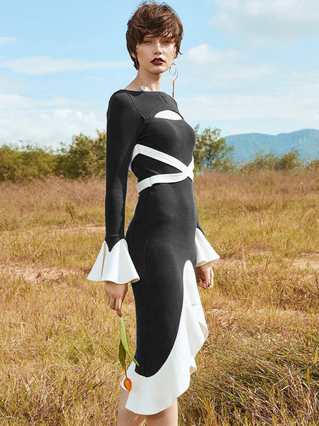 Ruffles Long Sleeve Cut Out High Low Shaping Party Bodycon Dress