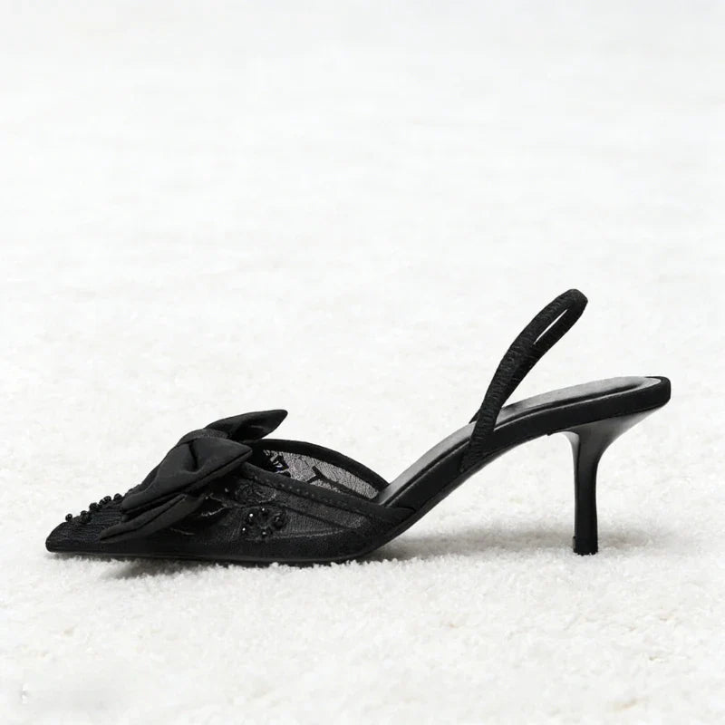 Black Mesh Beaded Decoration Heel