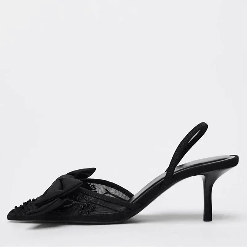 Black Mesh Beaded Decoration Heel