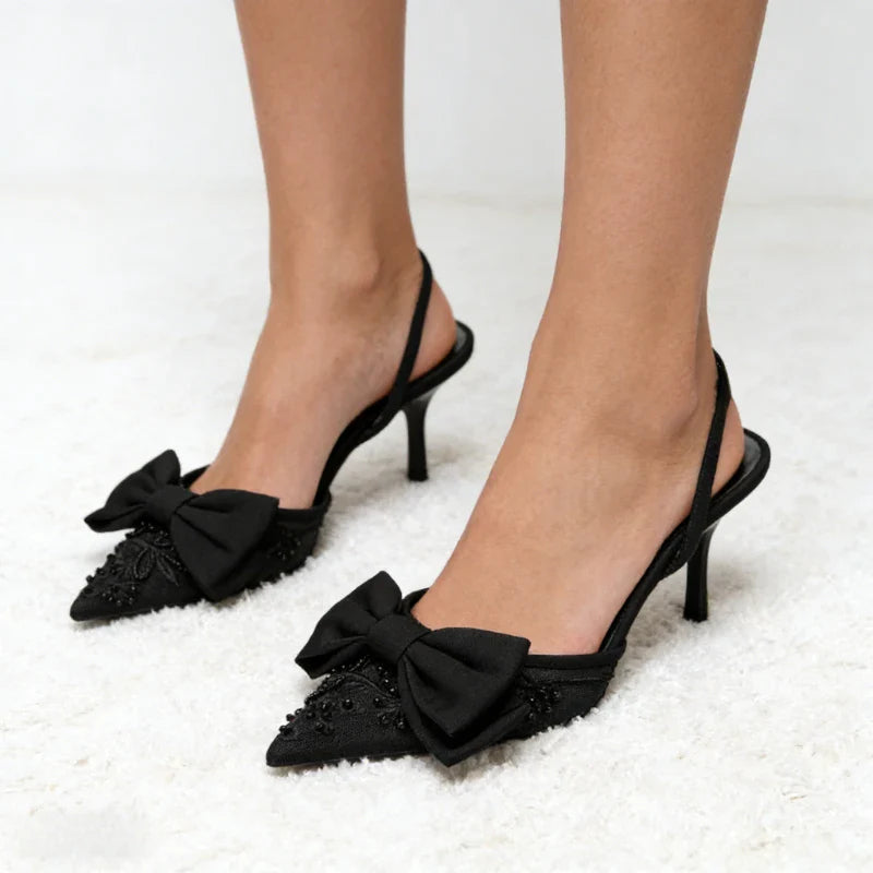 Black Mesh Beaded Decoration Heel