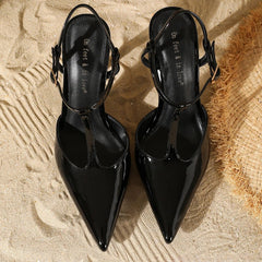 Black Pointed Toe T Strap Design Brand Pumps High Quality Patent Leather Ankle Buckle Dress Shoes