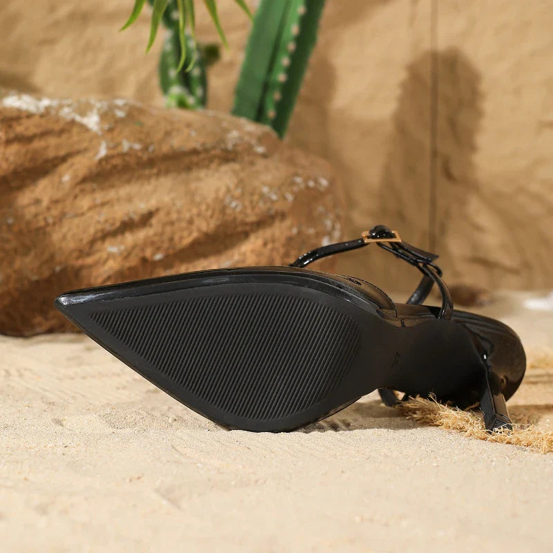 Black Pointed Toe T Strap Design Brand Pumps High Quality Patent Leather Ankle Buckle Dress Shoes