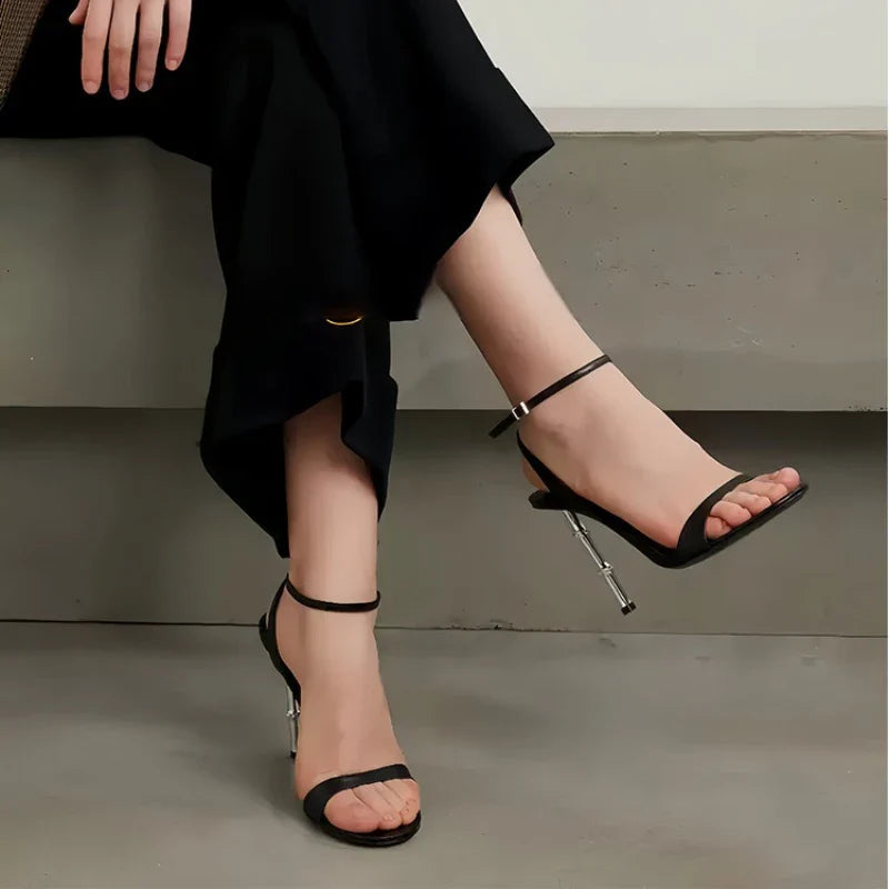 Black Round Toe Ankle Buckle High Heel