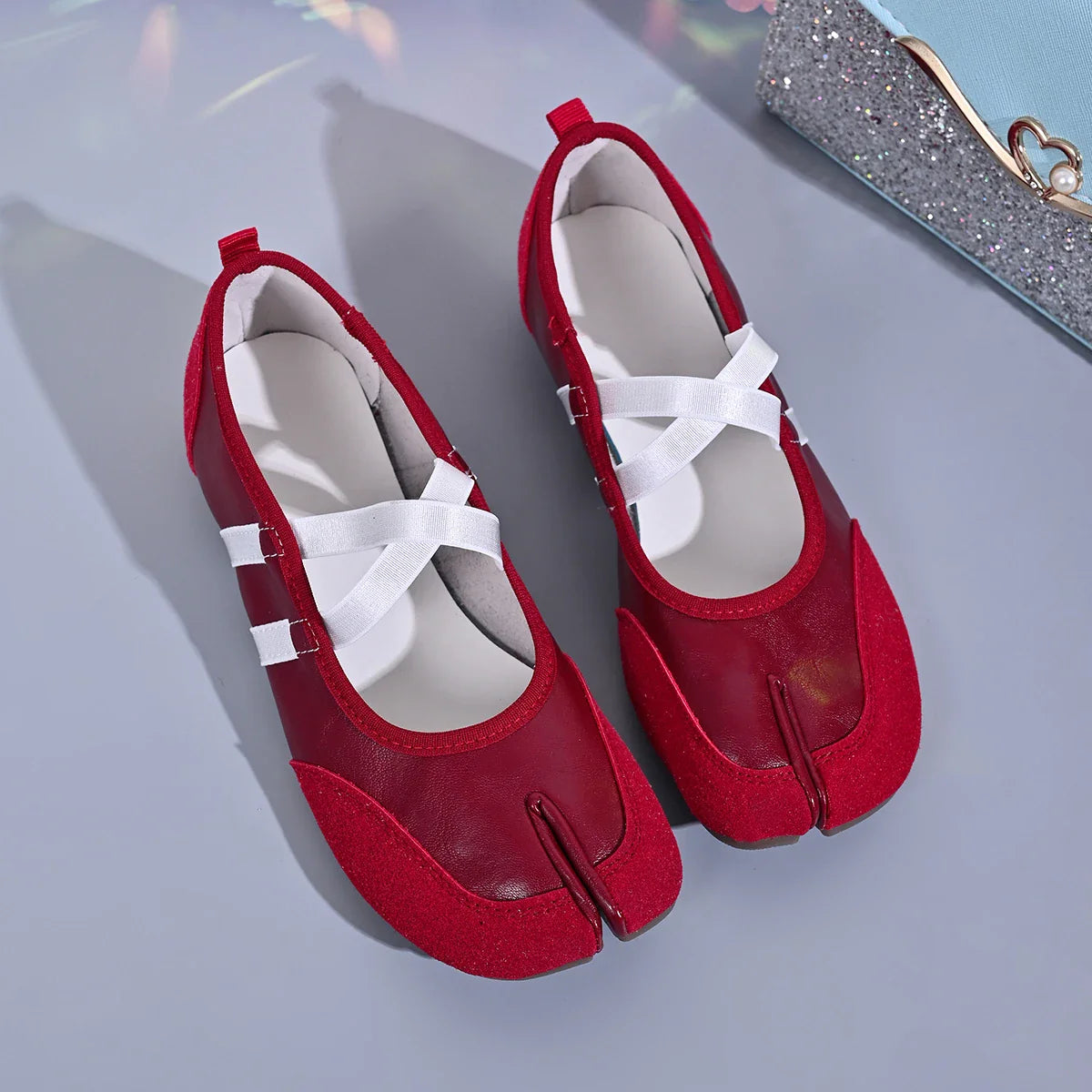 Black Silver Red Ballet Flats Trainers Split Toe Ballerina Tabi Walking Sneakers Mary Jane Shoes