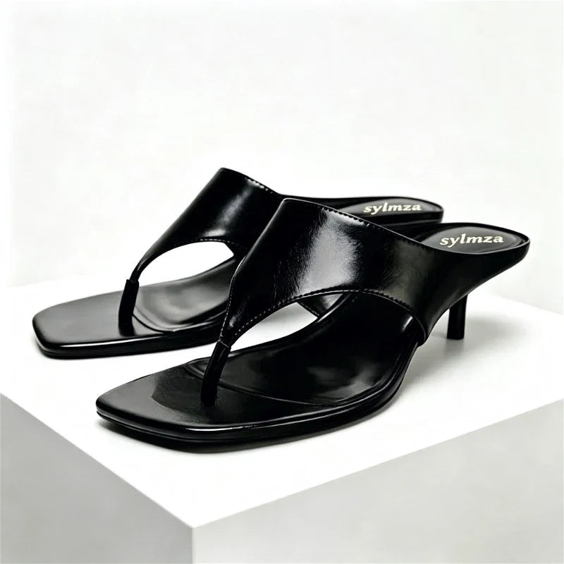 Black Soft Leather Flip-flops Square Toe Thin High Heel