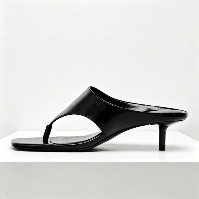 Black Soft Leather Flip-flops Square Toe Thin High Heel