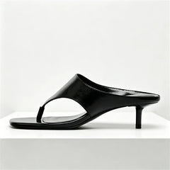 Black Soft Leather Flip-flops Square Toe Thin High Heel