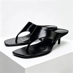 Black Soft Leather Flip-flops Square Toe Thin High Heel
