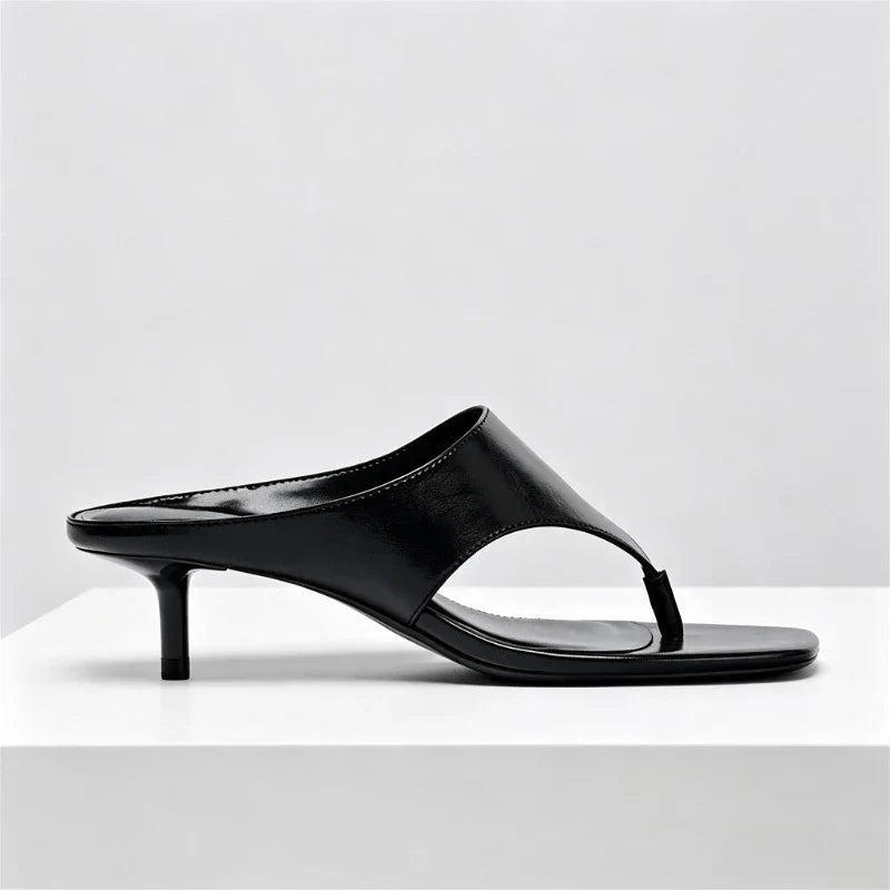 Black Soft Leather Flip-flops Square Toe Thin High Heel