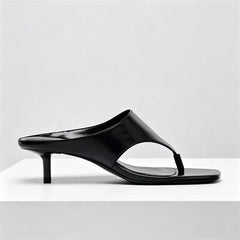 Black Soft Leather Flip-flops Square Toe Thin High Heel
