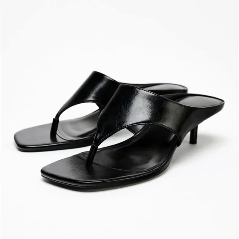 Black Soft Leather Flip-flops Square Toe Thin High Heel