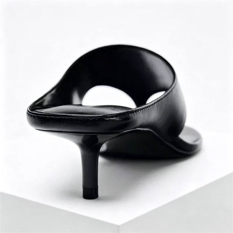Black Soft Leather Flip-flops Square Toe Thin High Heel