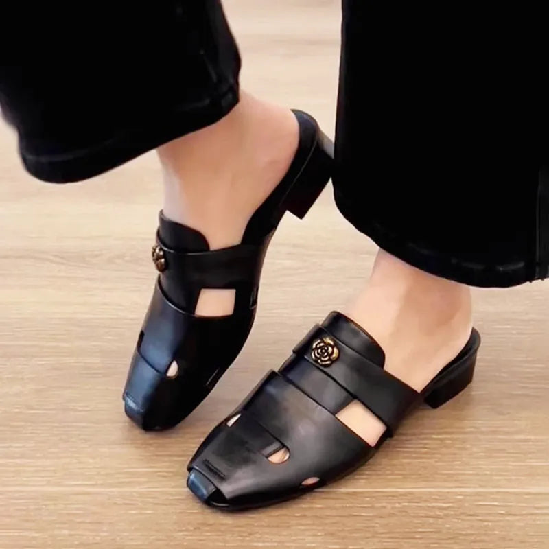Black Soft Leather PU Chunky Heel
