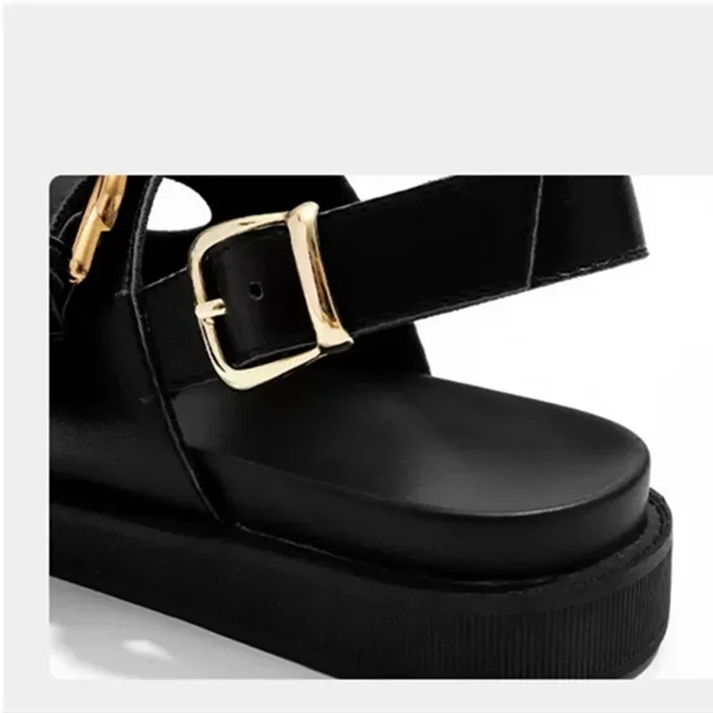 Black Soft Leather PU Flat Sandals Metal Buckle Slide Slippers Light Non-Slip Beach Shoe Sandalias De Mujer