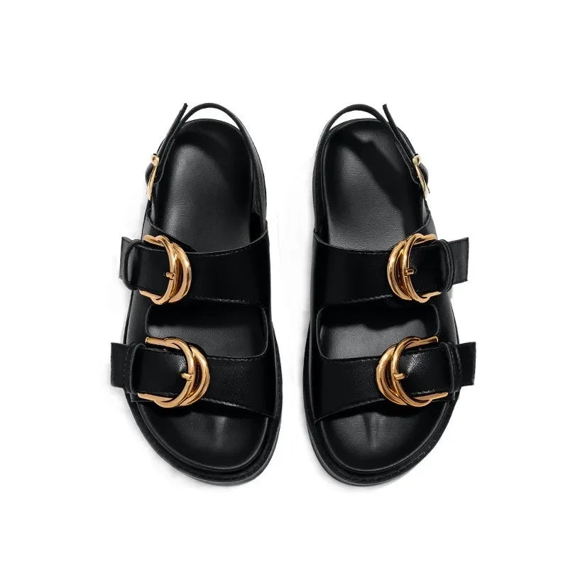 Black Soft Leather PU Flat Sandals Metal Buckle Slide Slippers Light Non-Slip Beach Shoe Sandalias De Mujer