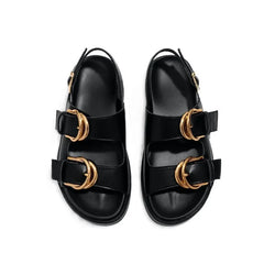 Black Soft Leather PU Flat Sandals Metal Buckle Slide Slippers Light Non-Slip Beach Shoe Sandalias De Mujer