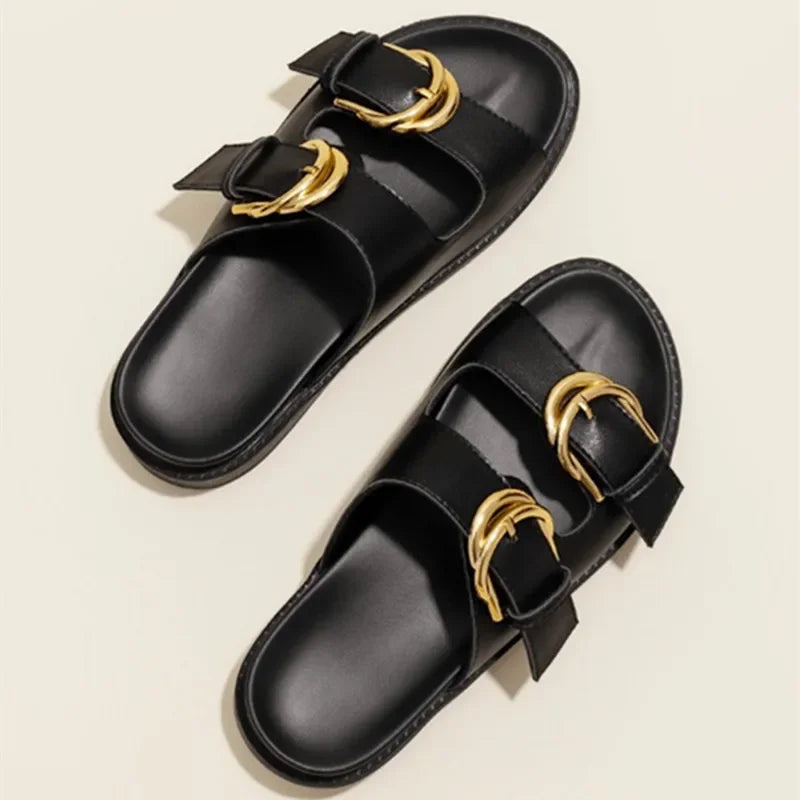 Black Soft Leather PU Flat Sandals Metal Buckle Slide Slippers Light Non-Slip Beach Shoe Sandalias De Mujer