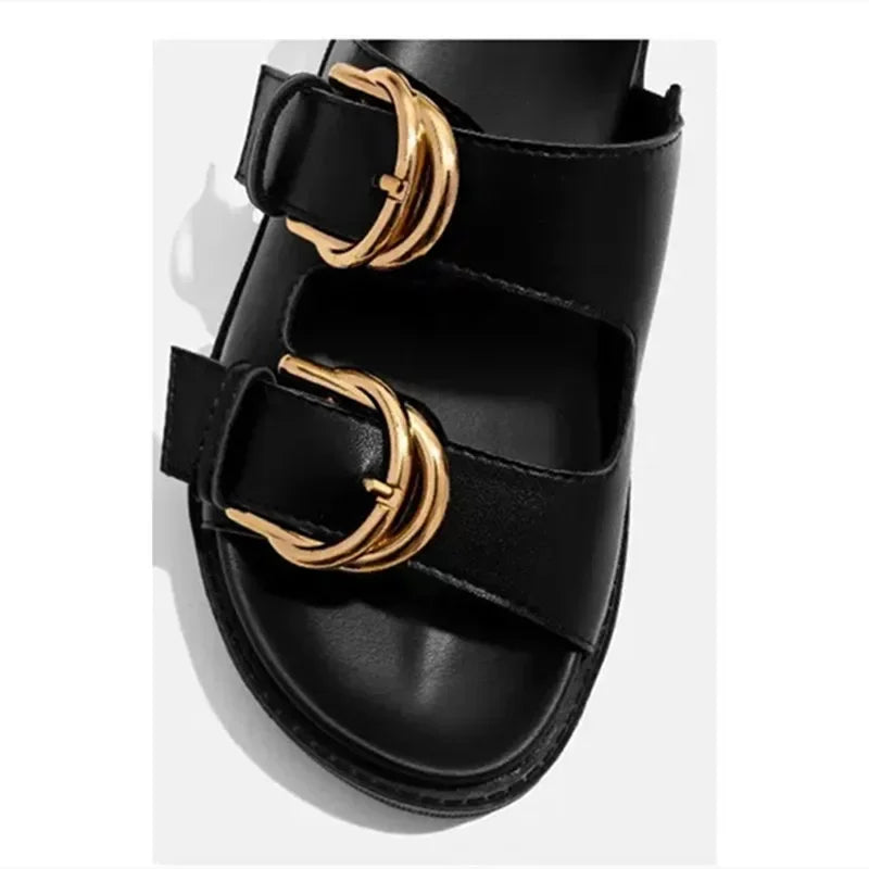 Black Soft Leather PU Flat Sandals Metal Buckle Slide Slippers Light Non-Slip Beach Shoe Sandalias De Mujer