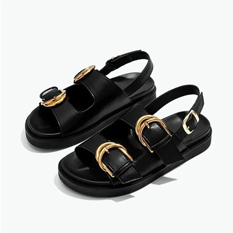 Black Soft Leather PU Flat Sandals Metal Buckle Slide Slippers Light Non-Slip Beach Shoe Sandalias De Mujer