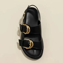 Black Soft Leather PU Flat Sandals Metal Buckle Slide Slippers Light Non-Slip Beach Shoe Sandalias De Mujer