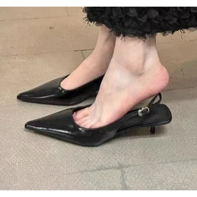 Black Sandals Pointed Toe Elegant Low-heel Shoes
