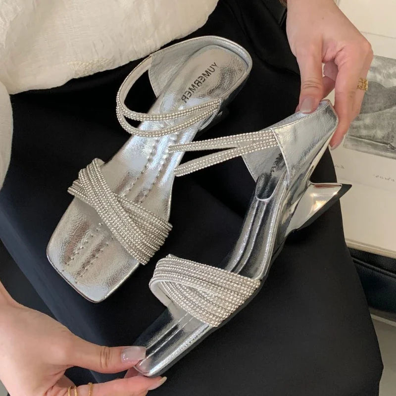 Bling Rhinestone Cross Tied Slippers Square Toe Wedges Slide Sandals Luxury Banquet Brand Designer Dress Shoes