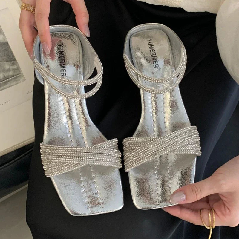 Bling Rhinestone Cross Tied Slippers Square Toe Wedges Slide Sandals Luxury Banquet Brand Designer Dress Shoes