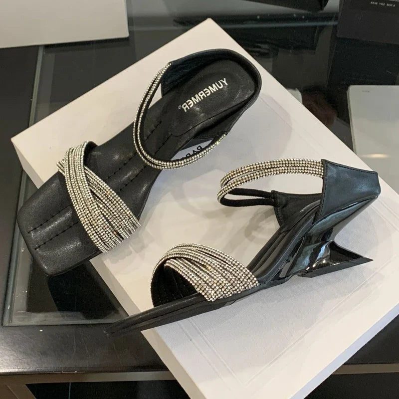 Bling Rhinestone Cross Tied Slippers Square Toe Wedges Slide Sandals Luxury Banquet Brand Designer Dress Shoes