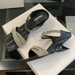 Bling Rhinestone Cross Tied Slippers Square Toe Wedges Slide Sandals Luxury Banquet Brand Designer Dress Shoes