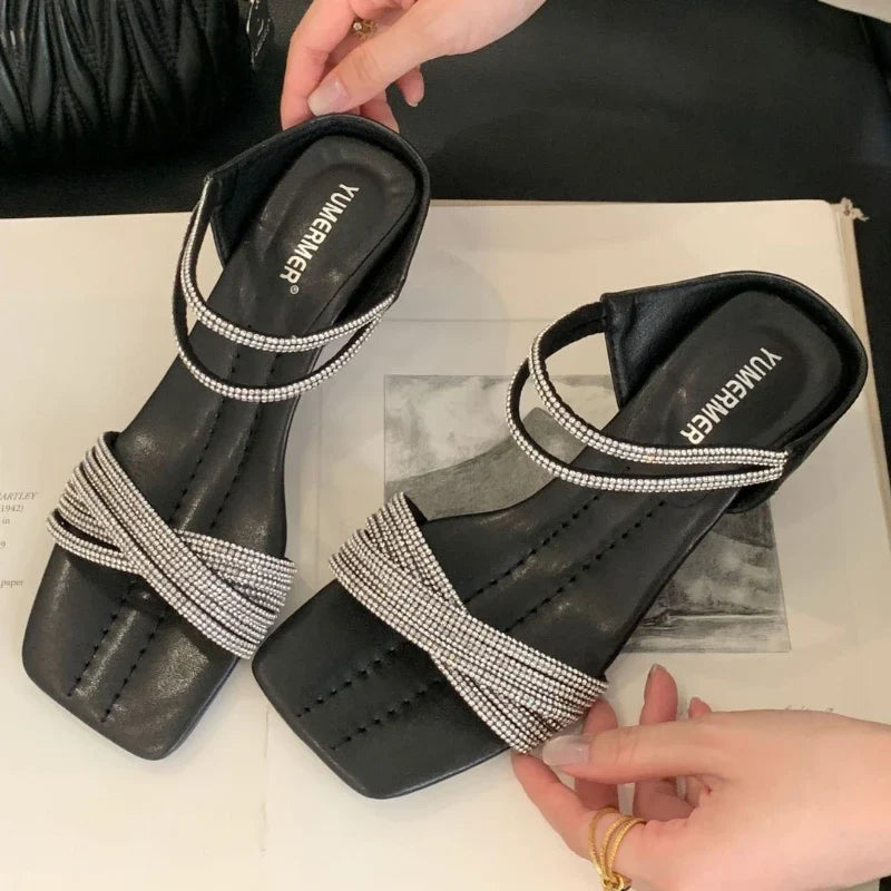 Bling Rhinestone Cross Tied Slippers Square Toe Wedges Slide Sandals Luxury Banquet Brand Designer Dress Shoes