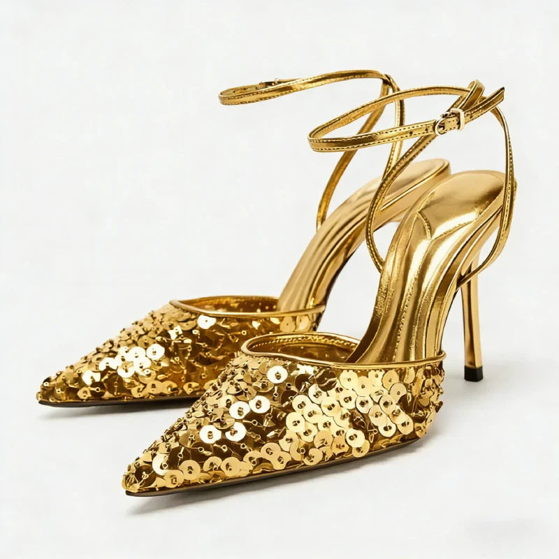 Bling Sequins Decoration Pumps Pointy Toe Ankle Strap High Heel