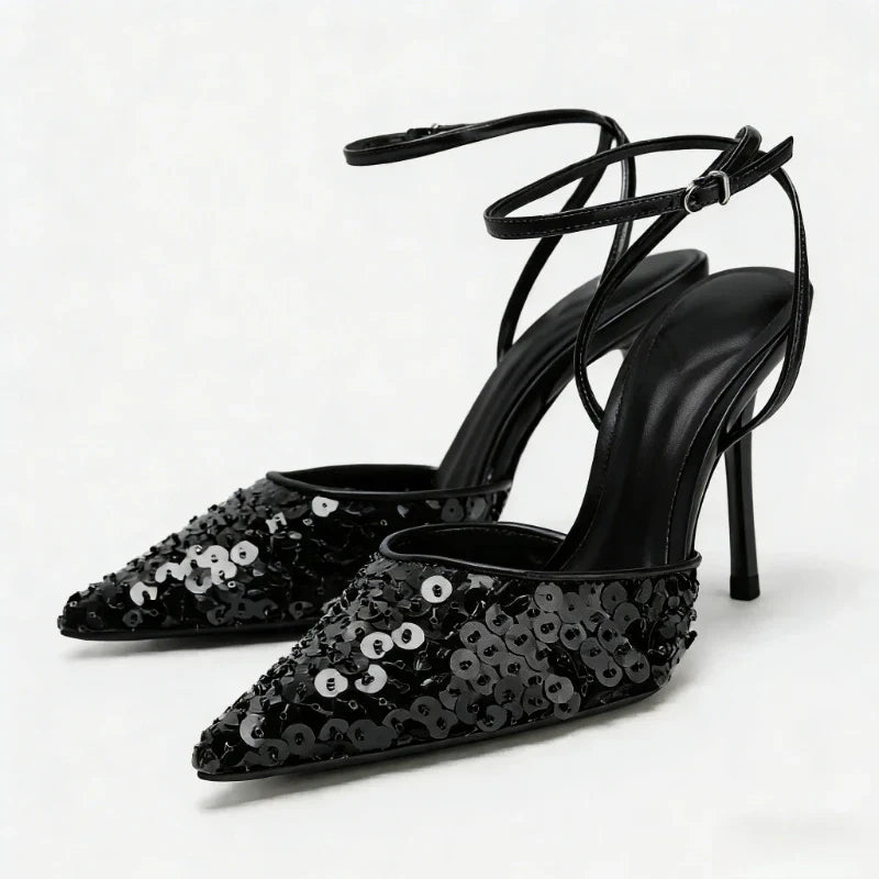 Bling Sequins Decoration Pumps Pointy Toe Ankle Strap High Heel