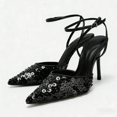 Bling Sequins Decoration Pumps Pointy Toe Ankle Strap High Heel