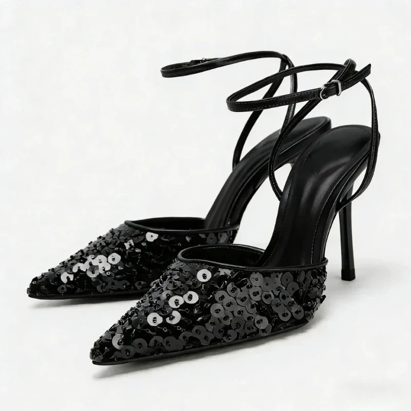 Bling Sequins Decoration Pumps Pointy Toe Ankle Strap High Heel