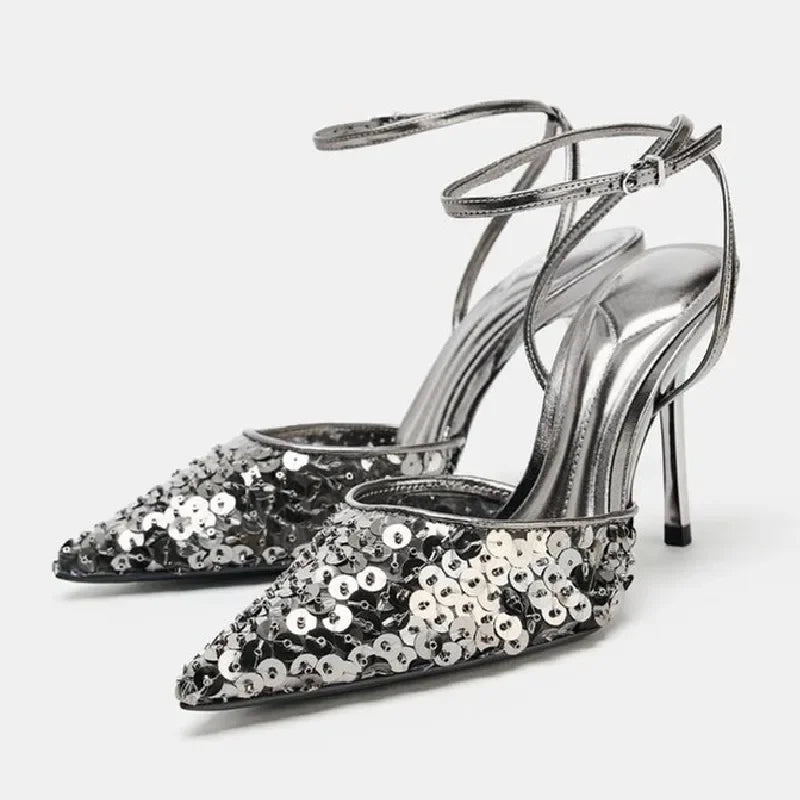 Bling Sequins Decoration Pumps Pointy Toe Ankle Strap High Heel