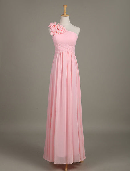 Blush Chiffon One Shoulder Ruffled Zipper A Line Long Wedding Party Bridesmaid Dress