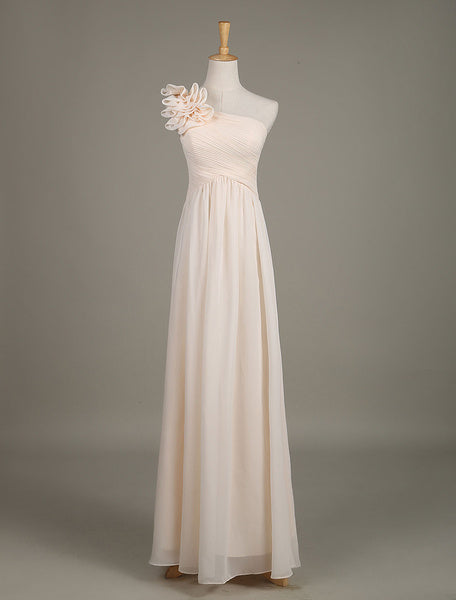 Blush Chiffon One Shoulder Ruffled Zipper A Line Long Wedding Party Bridesmaid Dress