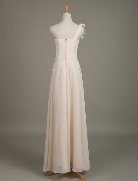 Blush Chiffon One Shoulder Ruffled Zipper A Line Long Wedding Party Bridesmaid Dress