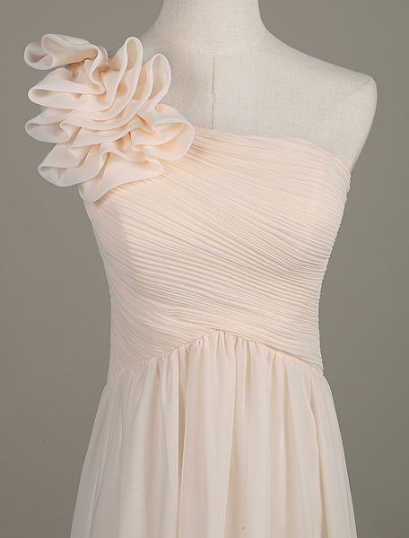 Blush Chiffon One Shoulder Ruffled Zipper A Line Long Wedding Party Bridesmaid Dress