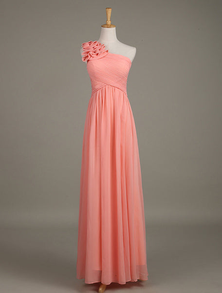 Blush Chiffon One Shoulder Ruffled Zipper A Line Long Wedding Party Bridesmaid Dress