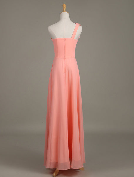 Blush Chiffon One Shoulder Ruffled Zipper A Line Long Wedding Party Bridesmaid Dress